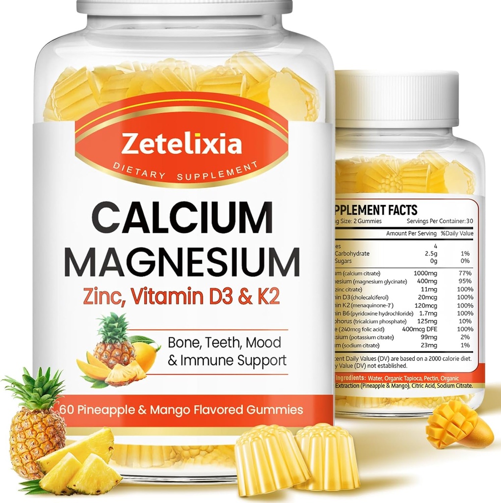Calcium gummier til kvinder Mænd, Calcium Magnesium Zink med vitamin D3 & K2, Calcium Magnesium supplement til B0nes Muskler, Ananas & Mango Flavor - 120 Tæl
