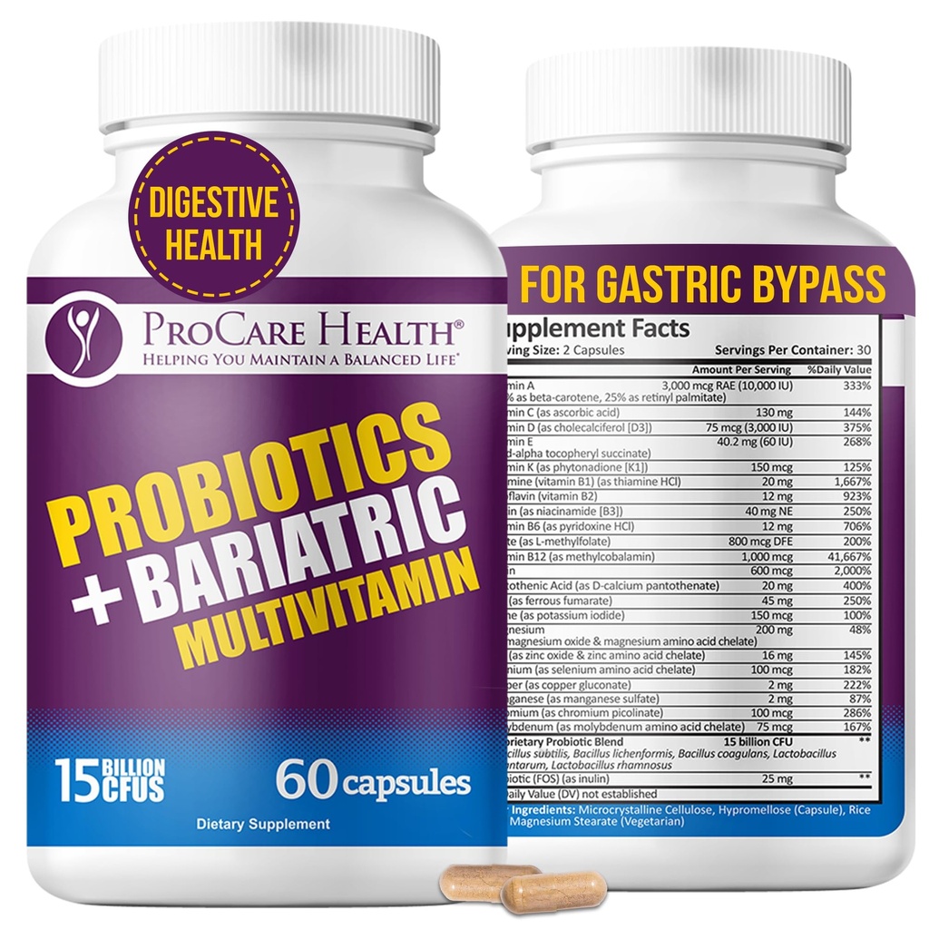 ProCare sundhed Probiotisk Bariatric Multivitamin med jern 45mg (60 Tæl) - 15 Millioner CFU Bariatric Probiotisk Hurtig Opløsning Veggie kapsler til støtte Gut og immunforsvar hos Bariatric patienter