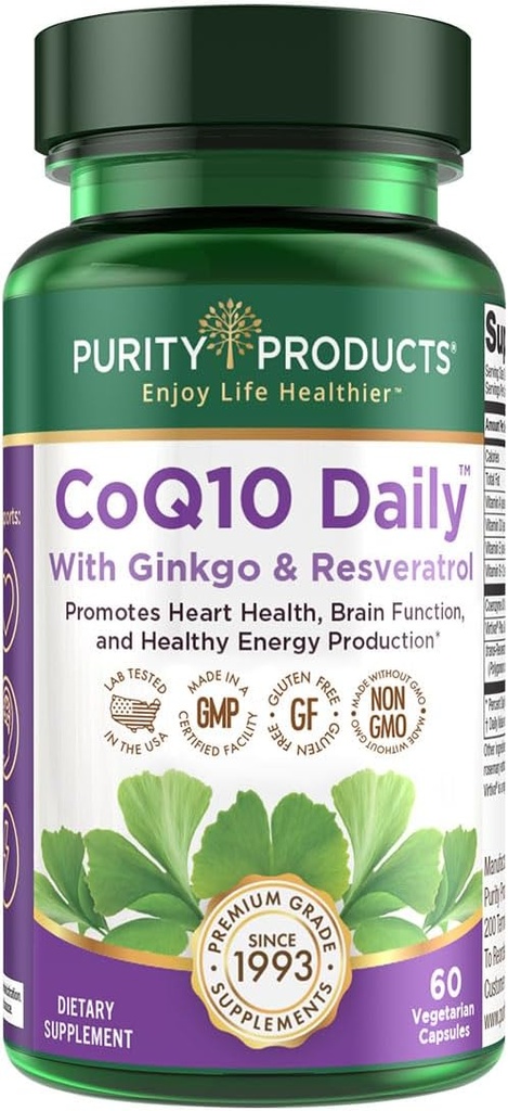 Renhed Produkter CoQ10 Daglig Super Boost med Ginkgo og Resveratrol fra Understøtter Sunde Energiniveauer og Sund Hjerne Funktion - 60 Vegetariske Kapsler