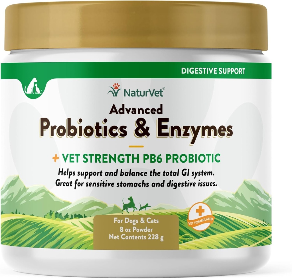NaturVet - Avanceret Probiotika & Enzymes - Plus Vet Strength PB6 Probiotisk Name 124; Understøtter og Balancer Kæledyr med sensitive stomachs & fordøjelsesmæssige spørgsmål