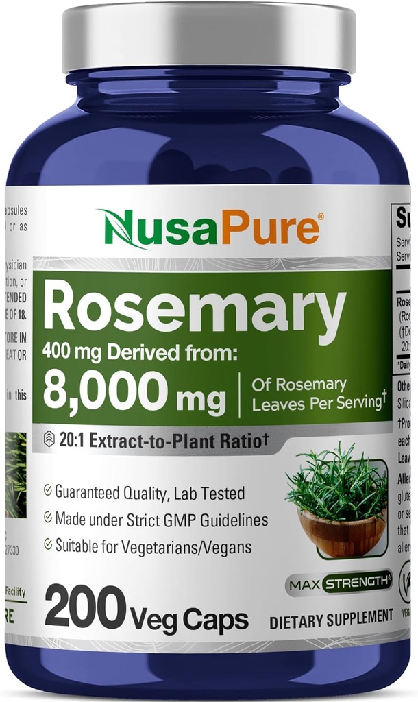 NusaPure Rosemary Capsules Removal 124; 20: 1 Extract, 400 mg Ækvivalent med 8. 000mg Removal 124; 200 Veggie Caps Removal 124; Non- GMO