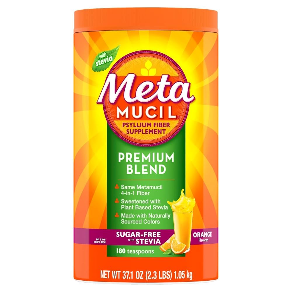 Metamucil Premium Blend, 4- in-1 Fiber supplement til fordøjelsessundhed, Psyllium Husk Fiber Powder, sukkerfri med Stevia, Plant- baseret Fiber Supplement, Orange Flavored, 180 teskefulde