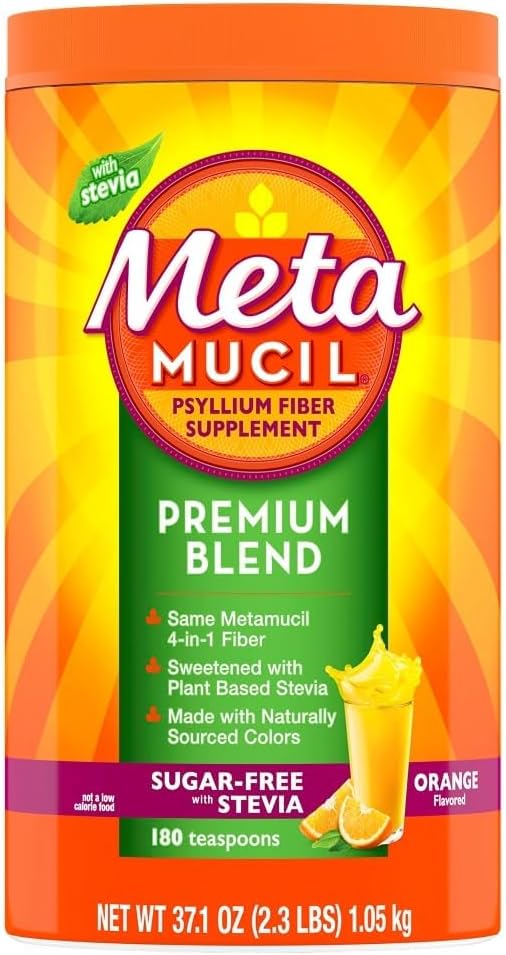 Metamucil Premium Blend, 4-in-1 Fiber Supplement for Digestive Health, Psyllium Husk Fiber Powder, Sugar-Free with Stevia, Plant-Based Fiber Supplement, Orange Flavored, 180 teaspoons