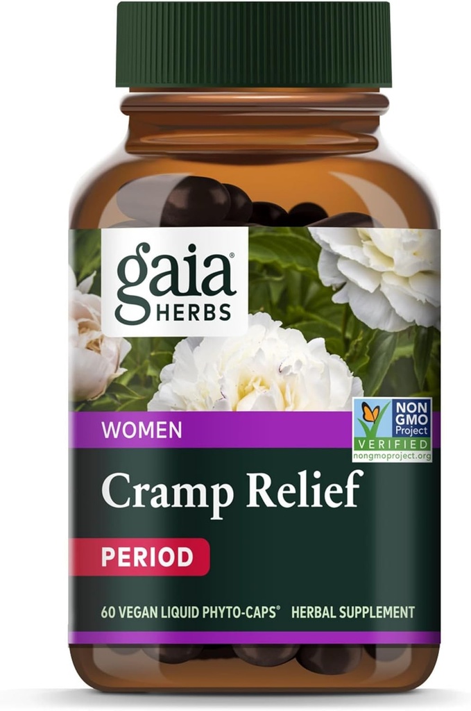 Gaia urter krampe Relief - Urtetilskud til Hormone Balance & Periode krampe Relief - Lavet med Økologisk Lakrids Root, Hvid Peony Root, Gurkemeje & Mere - 60 Vegansk Kapsler (60 Servere)
