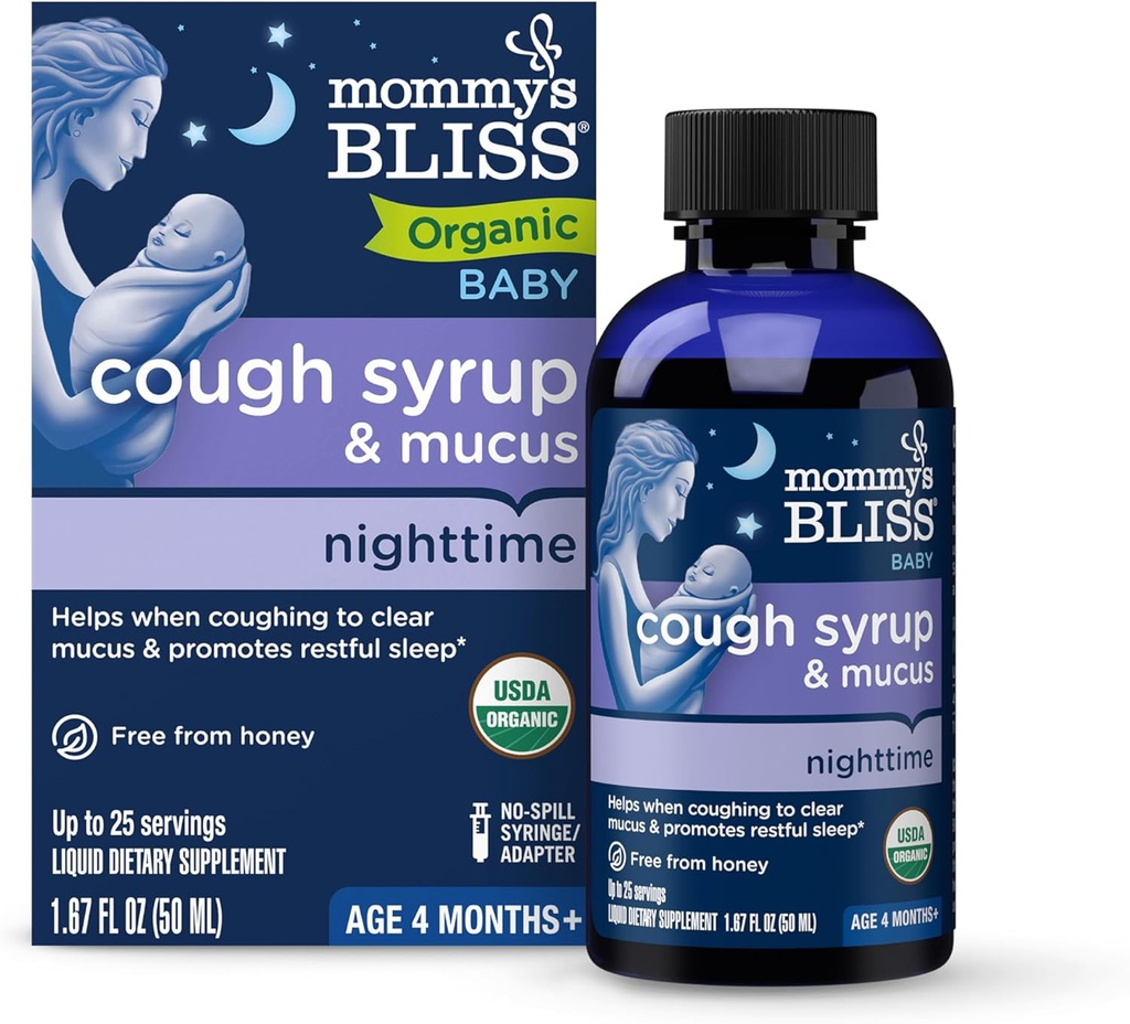 Mors Bliss Organic Baby Host Syrup & Mucus Night Time, Indeholder Organic Agave og Ivy Leaf, Lavet til Babyer 4 måneder +, 1.67 Fluid Ounces