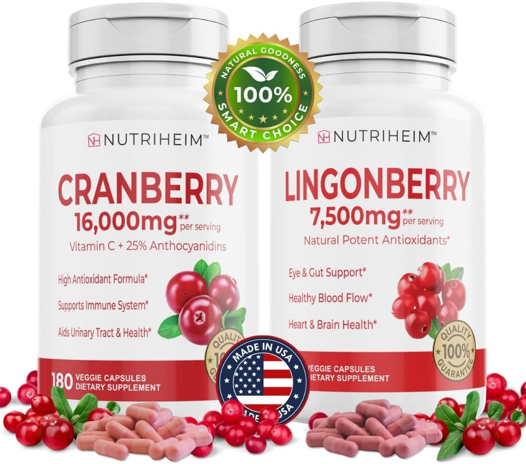 Alt i én PAC Bundle - Tranebær & Lingonberry kapsler - C-vitamin og 25% Proanthocyanidin for Urinary Tract, Gut Health, Antioxidant Support - Non- GMO, Gluten- Free, Vegan Supplement