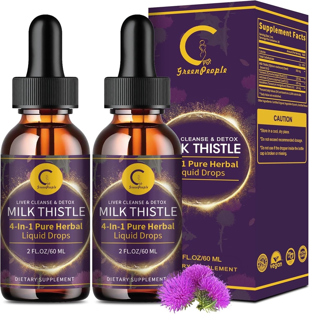 (2 Pack) Mælk Thistle Liquid Drops til lever Rengøring Detox & Reparation, Mælk Thistle tillæg med Mælkebøtte Root, Artiskoke & Gurkemeje til leverstøtte og immunforsvar, Vegan, Non- GMO, 4 FL OZ