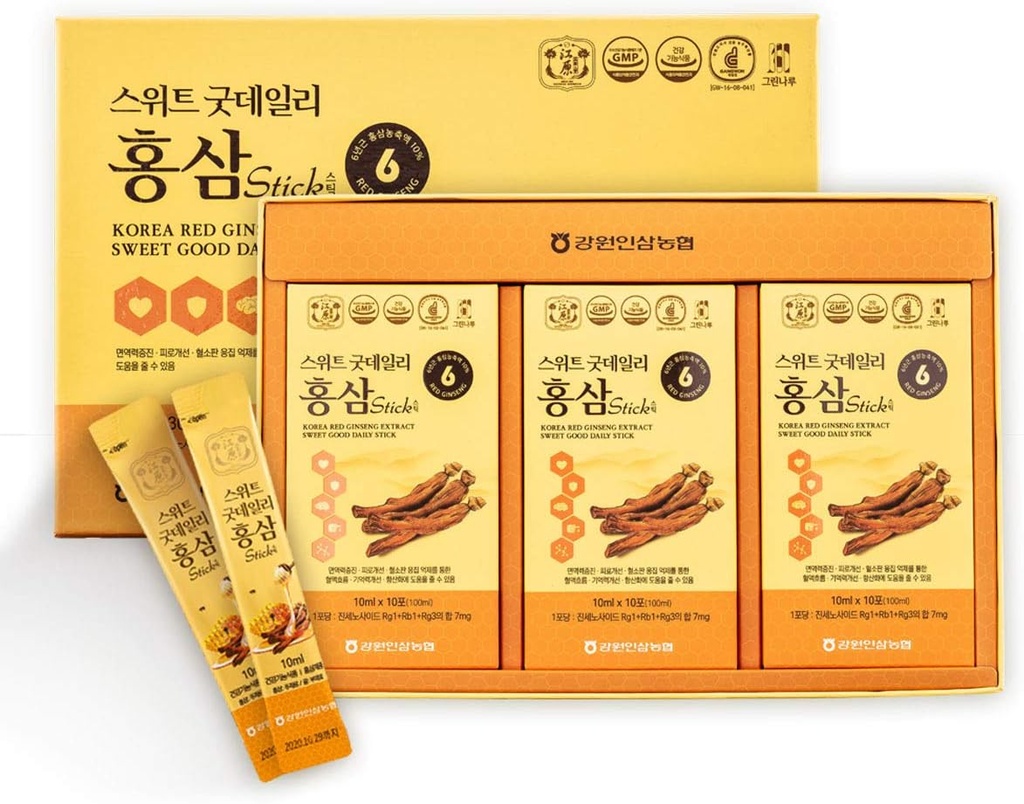 [Gangwoninsam] Koreansk Rød Ginseng Extract Sweet Good Daily Stick 30 Count - Indeholder 6 år Koreansk Rød Ginseng Extract, Koreansk mad, Individuelt pakket, 0,35 fl. oz (10ml), 3 X 10- Count Box