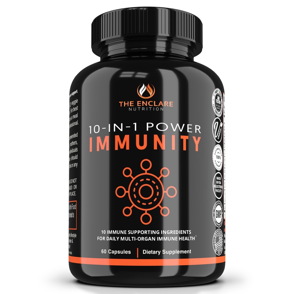ENCLARE NUTRITION 10 i 1 immunforsvar Booster tillæg med Echinacea, C-vitamin og zink, gurkemeje, ingefær, B6, Elderberry for voksne Immunity Defense Vitamin, Lavet i USA Veg Cap 60 Ct (1)