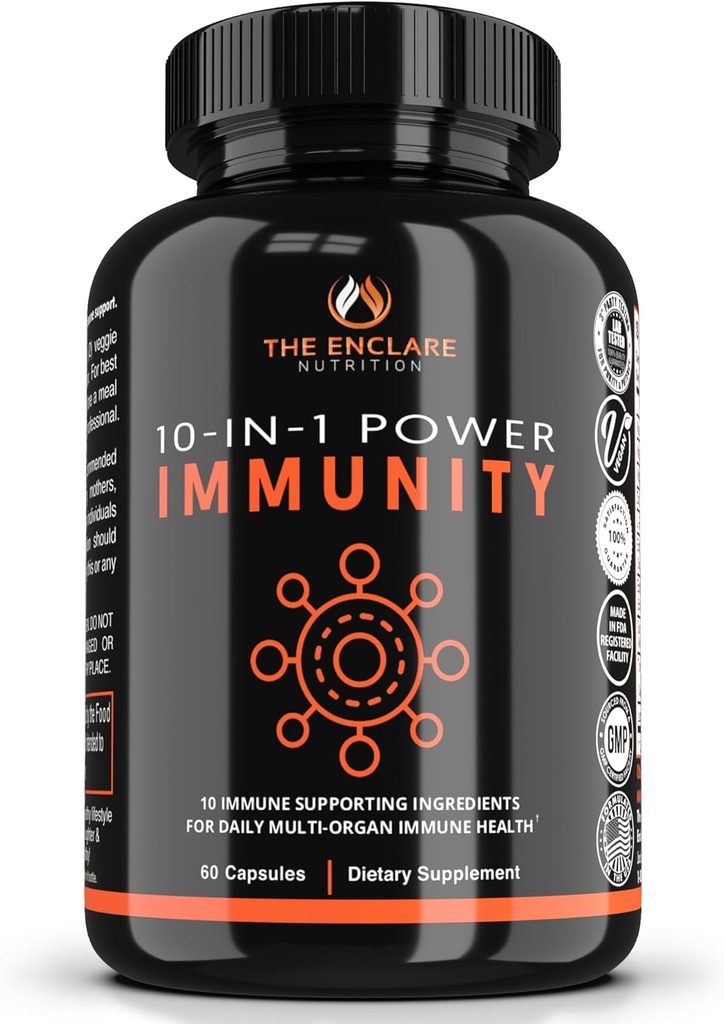 ENCLARE NUTRITION 10 i 1 immunforsvar Booster tillæg med Echinacea, C-vitamin og zink, gurkemeje, ingefær, B6, Elderberry for voksne Immunity Defense Vitamin, Lavet i USA Veg Cap 60 Ct (1)