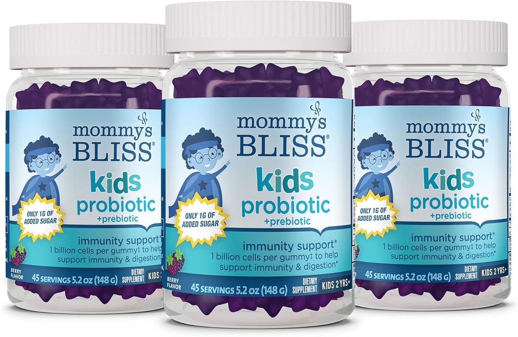 Mors Bliss Kids Probiotic + Prebiotic Gummies, Understøtter Immunitet og fordøjelse for børn 2 år +, Mindre sukker, Yummy Berry Flavor, 45 Greve (Pack of 3)