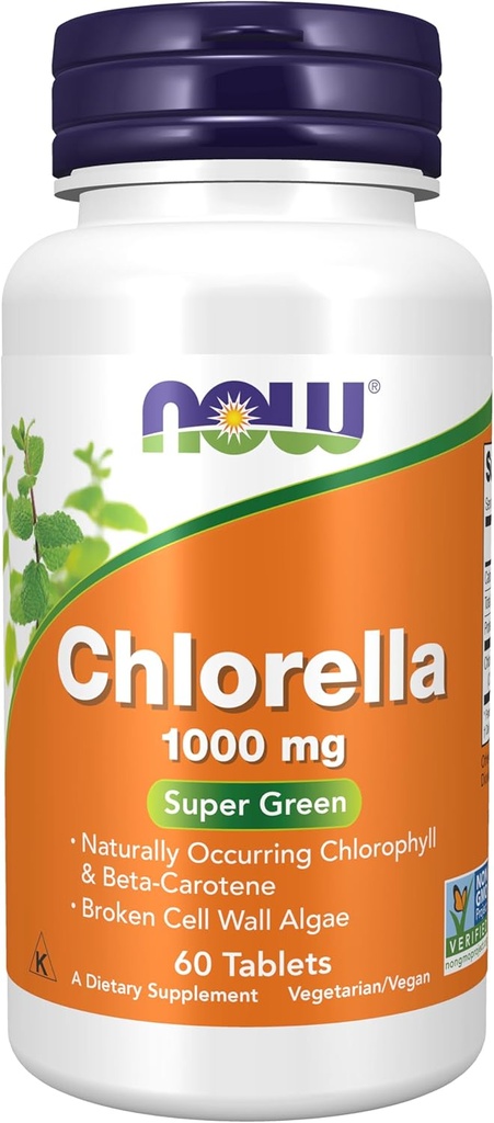 Now Foods Supplements, Chlorella 1000 mg med naturligt forekommende Chlorophyll, Beta- Caroten, blandede carotenoider, C-vitamin, jern og protein, 60 tabletter