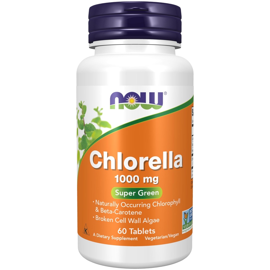 Now Foods Supplements, Chlorella 1000 mg med naturligt forekommende Chlorophyll, Beta- Caroten, blandede carotenoider, C-vitamin, jern og protein, 60 tabletter