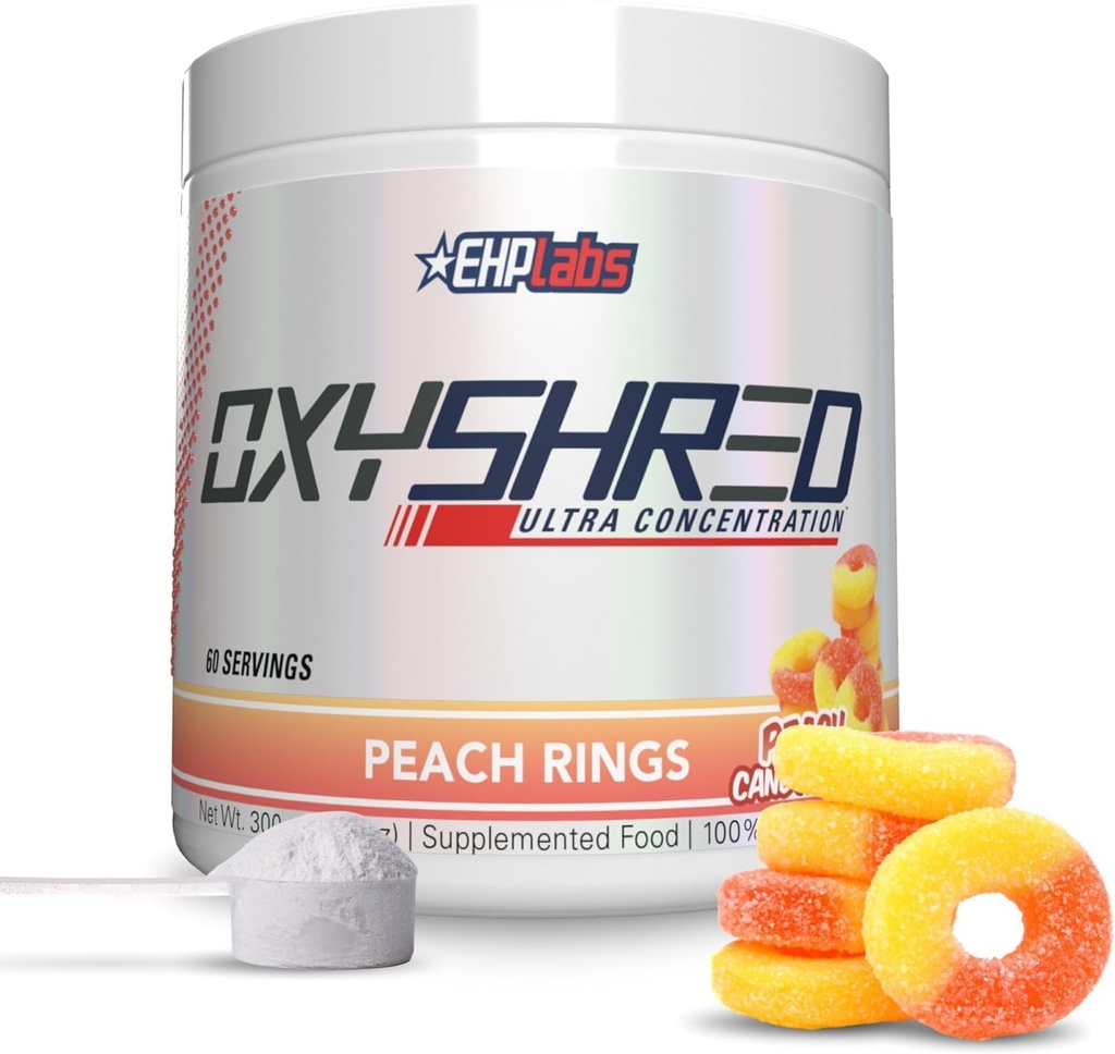 EHP Labs OxyShred Pre Workout Powder - Preworkout Powder med L Glutamin & Acetyl L Carnitin, Energy Boost Drink - Peach Candy Rings, 60 Servering