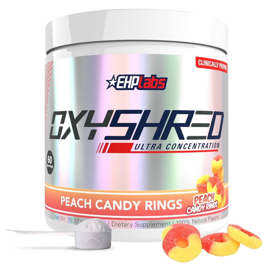 EHP Labs OxyShred Pre Workout Powder - Preworkout Powder with L Glutamine & Acetyl L Carnitine, Energy Boost Drink - Peach Candy Rings, 60 Servings
