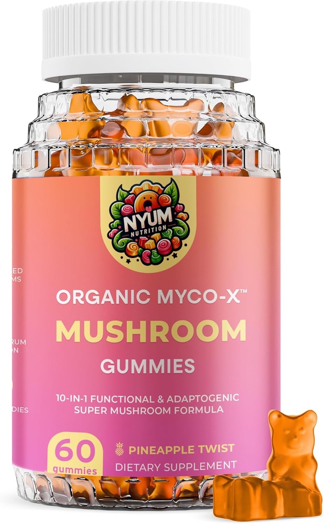 Nyum Nutrition Organic MYCO- X Mushroom Gummies, 10-in-1 Formel, Ananas Twist, 60 Greve, Orange / Pink