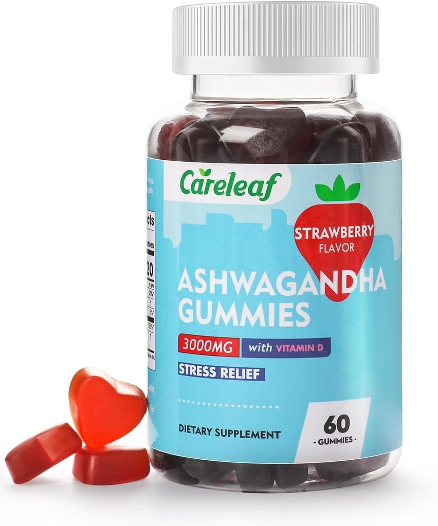 Vegan Ashwagandha Gummies- 3000mg High Potence Ashwagandha Root Extract med D2-vitamin 124; Jordbær Flavor 124; 60 Cts / Flaske