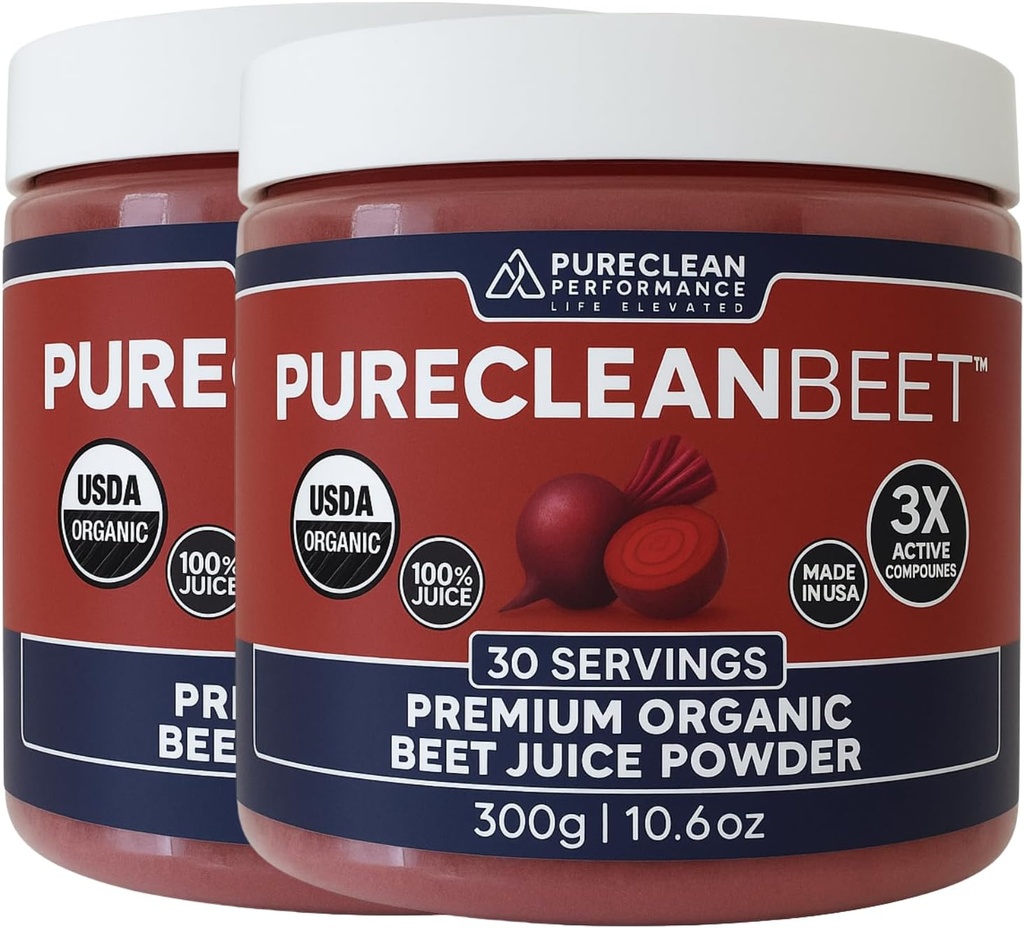 PureClean Organic Beet Juice Powder - nitrogenoxid supplement - 100% USA Grown Beets - Organic Beet Root Powder 30 Servering, 300g (2 krukker 60 Servering)