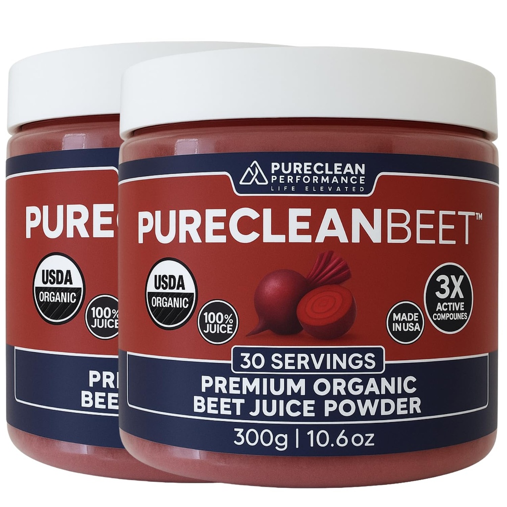 PureClean Organic Beet Juice Powder - nitrogenoxid supplement - 100% USA Grown Beets - Organic Beet Root Powder 30 Servering, 300g (2 krukker 60 Servering)