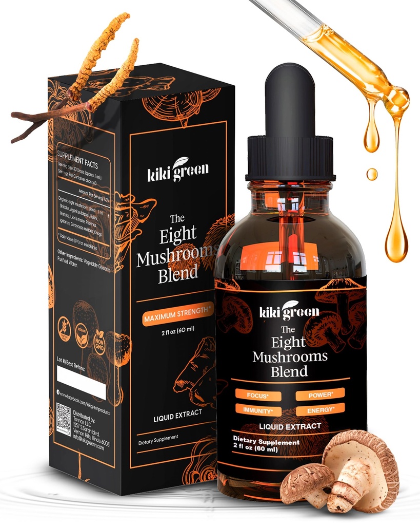 Kiki Green 8 svampe flydende ekstrakt dråber - Adaptogen Complex for Cognitive Support, Immunity Boost - Lions Mane Supplement, Cordyceps, Chaga, Reishi, Shiitake, Maitake, Red Reishi