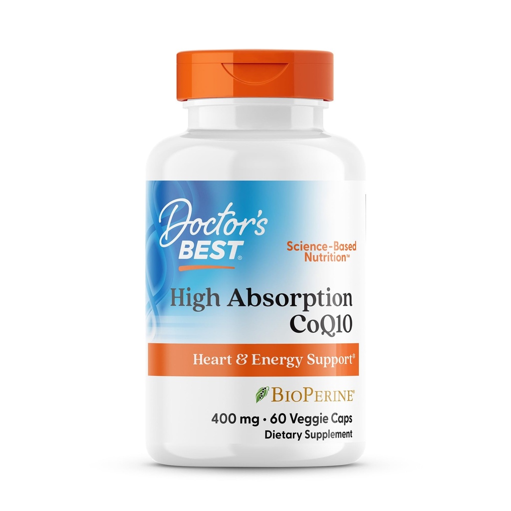 Doctor 's Best High Absorption CoQ10, Heart & Energy Support, USP Verified, Naturlig Fermenteret CoQ10, Non- GMO, Gluten Free, Soy Free, Vegan 60 Veggie Caps