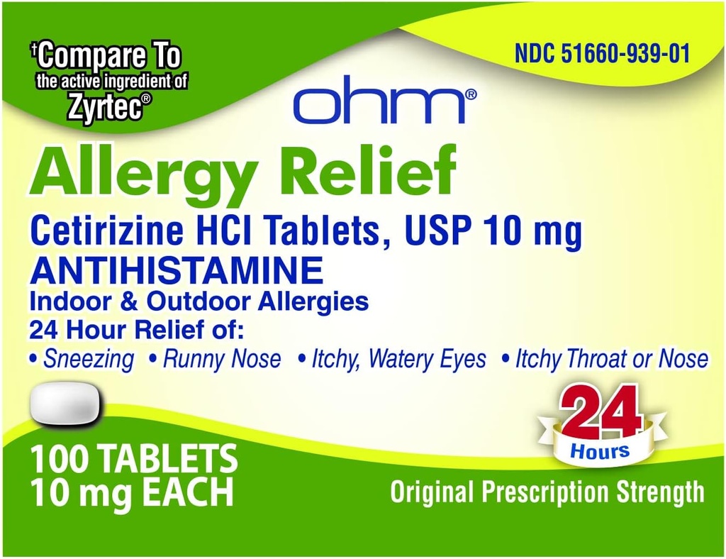 Ohm Cetirizin 10 mg tabletter - All Day Allergy Relief - 100 greve - Anti- Histamin for Hay Fever, Pollen, Dry Itchy Eyes - Effektiv Relief fra All Day Allergier