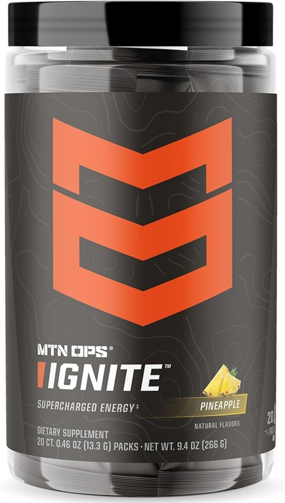MTN OPS Ignite Trail Packs Energy Drink Powder, Gluten Free Nootrop Supplement Drink Mix, L Arginin, L Citrullin, Koffein & Nootrop Sugar Free Drink Mix, 20 Servere, Ananas Crush