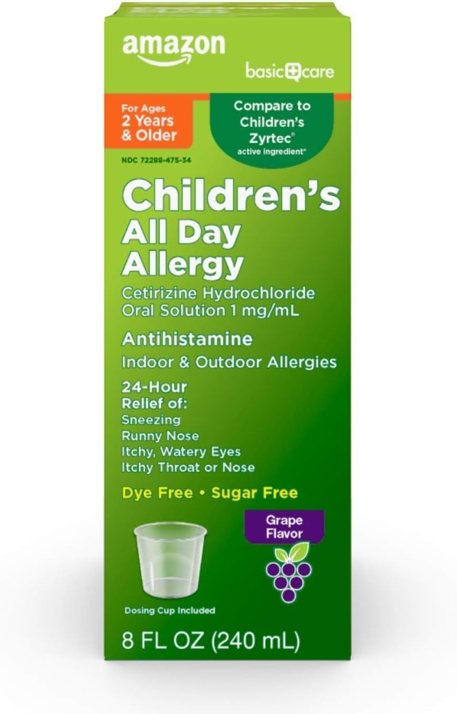 Basic Care 24 Hour Allergy Relief for Children, Cetirizine Hydrochlorid Oral opløsning 1 mg / ml, Grape Flavor, Dye Free, 8 fl oz (pakning med 1)