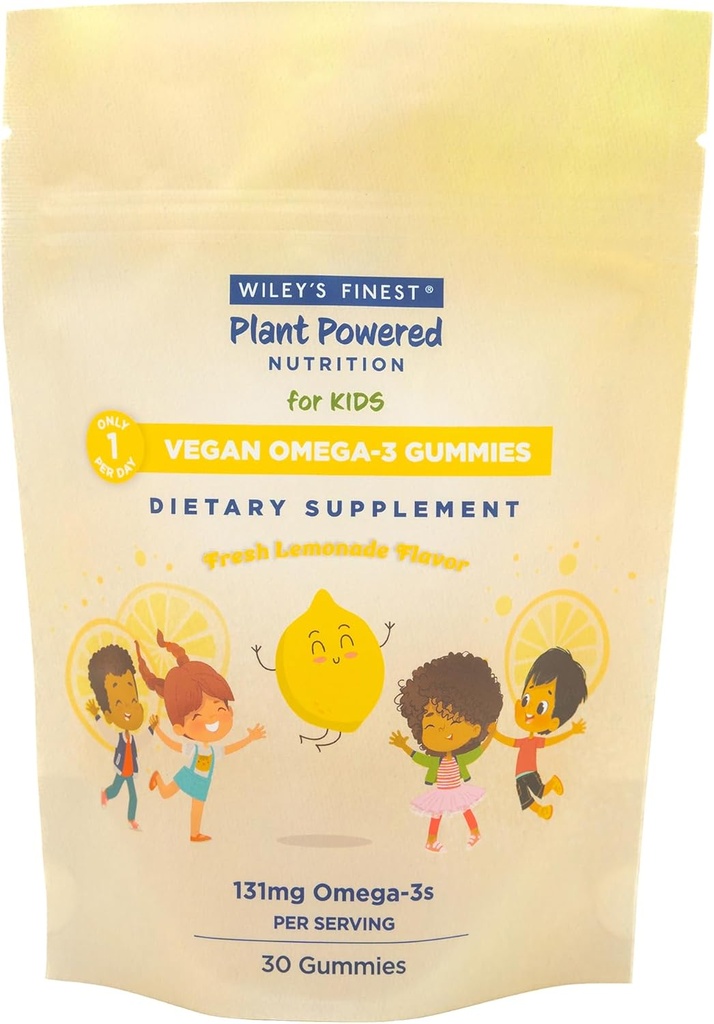 Wiley 's Finest Kids Vegan Omega-3 Gummies - Natural Sugar - Vegetarisk DHA, ALA & SDA - Gluten Free - Lemon Flavor, 30 Gummies