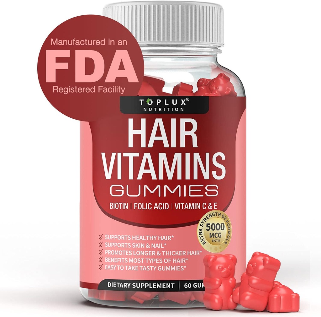 Hår Vitamin Gummies Supplement for kvinder & mænd - hårvækst vitaminer 5000mcg biotin Gummies, folinsyre, C-vitamin & E, støtte stærkere og tykkere hår, hud, negle, non-GMO Vegam for, 60 Greve