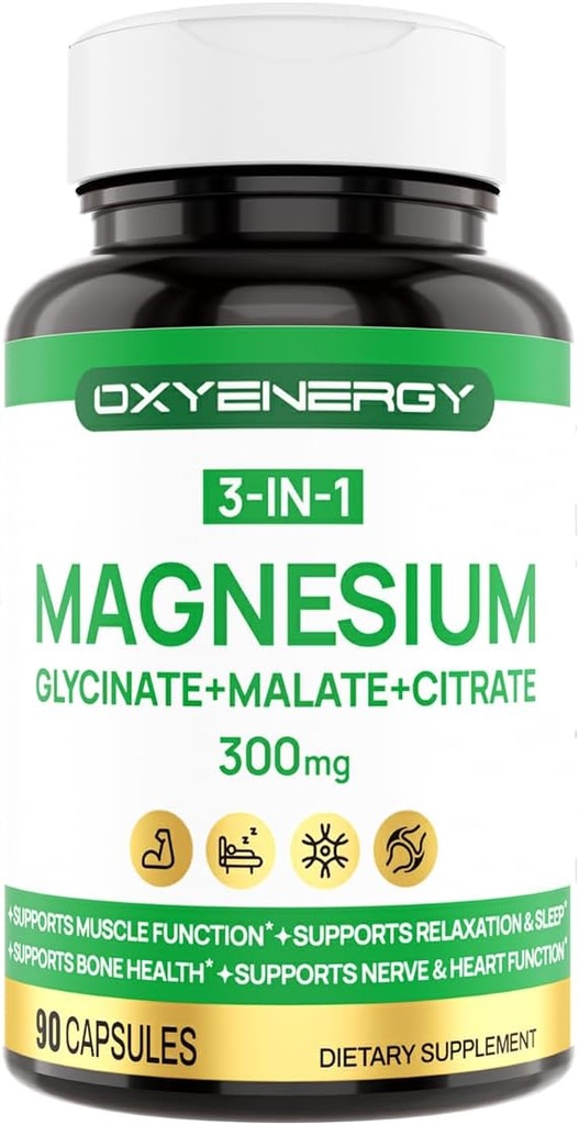 OXYENERGY 3 i 1 Magnesiumkompleks tillæg, Triple Magnesiumkapsler 300mg med Glycinate Malatcitrat, Chelated, Vegan, High Absorption and Bioavailability, 90 Kapsler