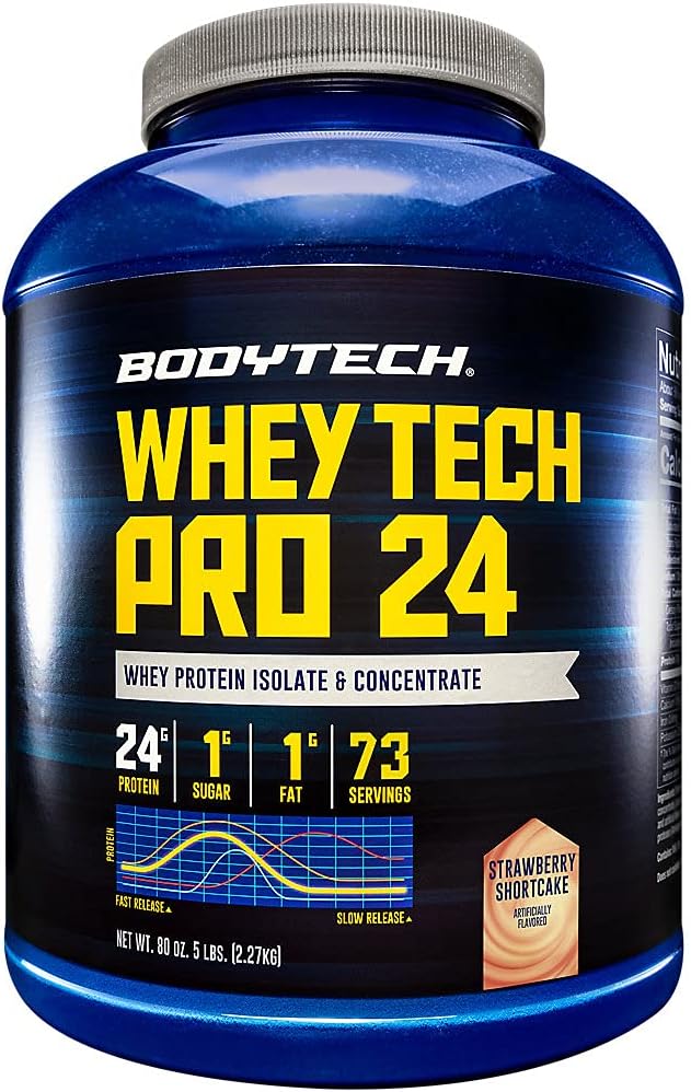 BODYTECH Whey Tech Pro 24 Protein Powder - Protein Enzyme Blend med BCAA er til Fuel Muscle Growth & Recovery, Ideel til post- workout Muscle Building - Jordbær Marie (5 Pound)