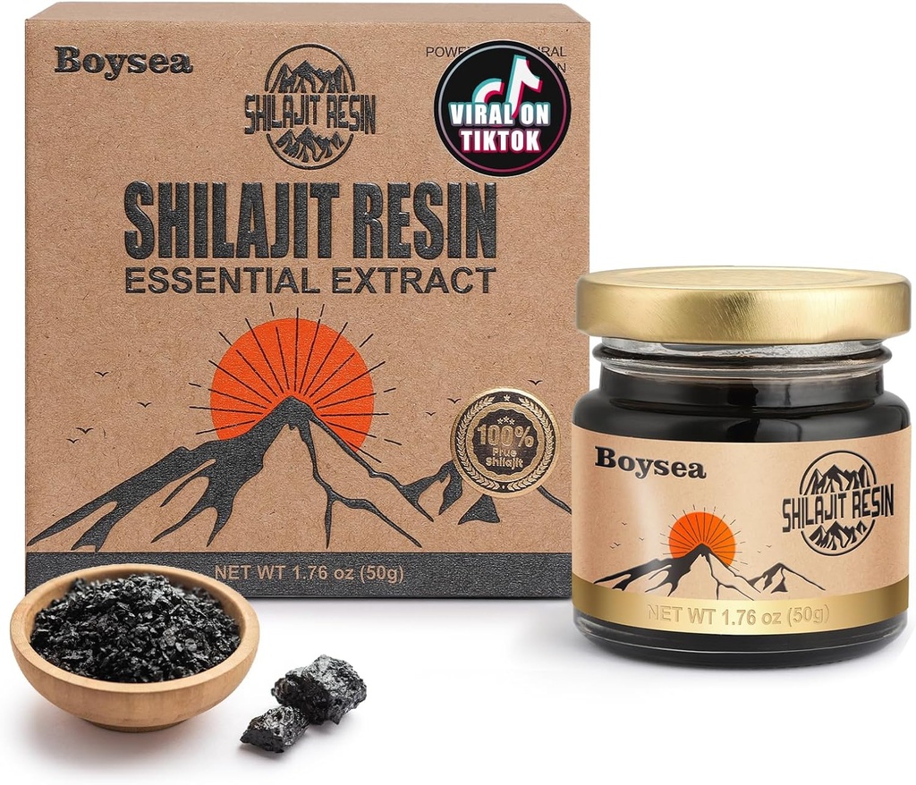 Boysea Shilajit Resin 124; 600 mg 80 + Serveringer ttesmå 124; 85 + Trace Minerals & 75% + Fulvic Acid for Focus & Energy - 124; Zero Sugar - 124; Gold Grade Pure Shilajit for Mænd & Kvinder - 1,76 Oz