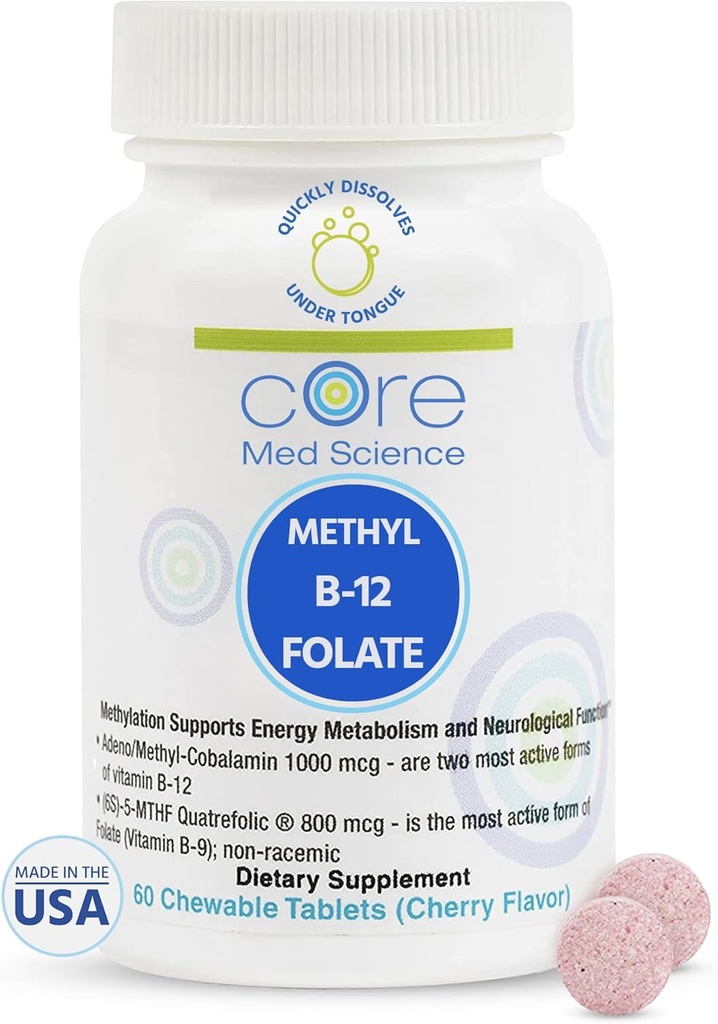 Core Med Science Methyl B12 Folat tillæg for kvinder & mænd - 5-MTHF piller Support Mood, Cognitive, & Heart Health - Methylfolate Vitamin B9 for Homocysteine Niveauer & Methylation Cycle (60 Tæl)