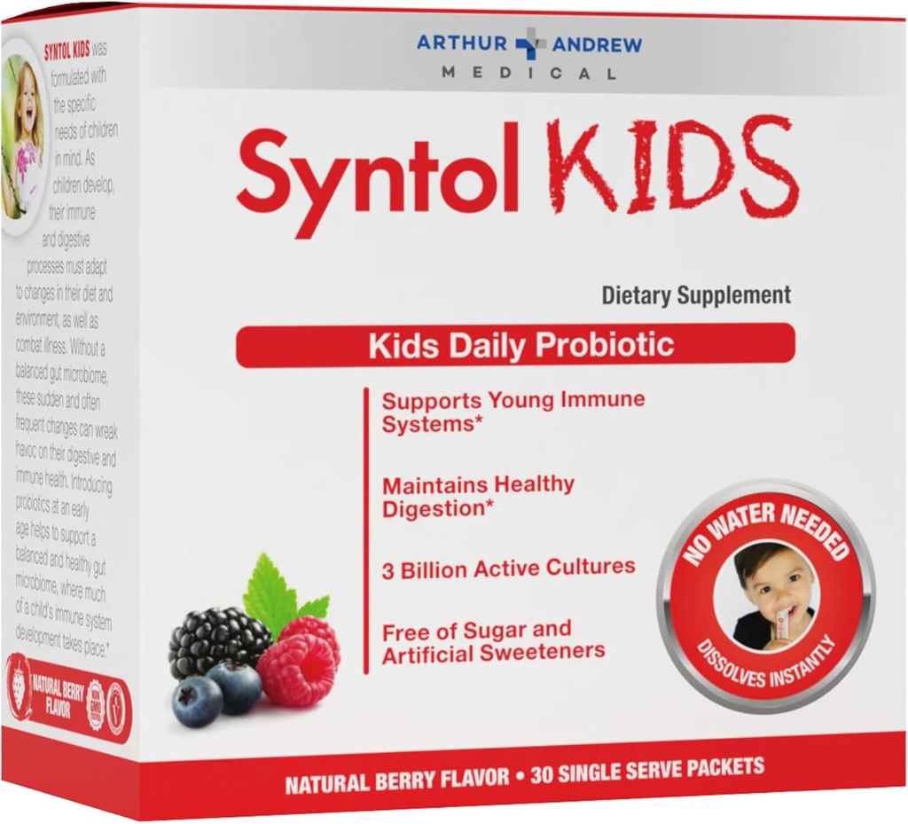 Arthur Andrew Medical, Syntol Kids, Daily Probiotic Supplement for fordøjelsessygdomme og unge immunsystemer, Ingen sukker eller kunstige sødestoffer, Berry Flavor, Vegan, 30 Sachets