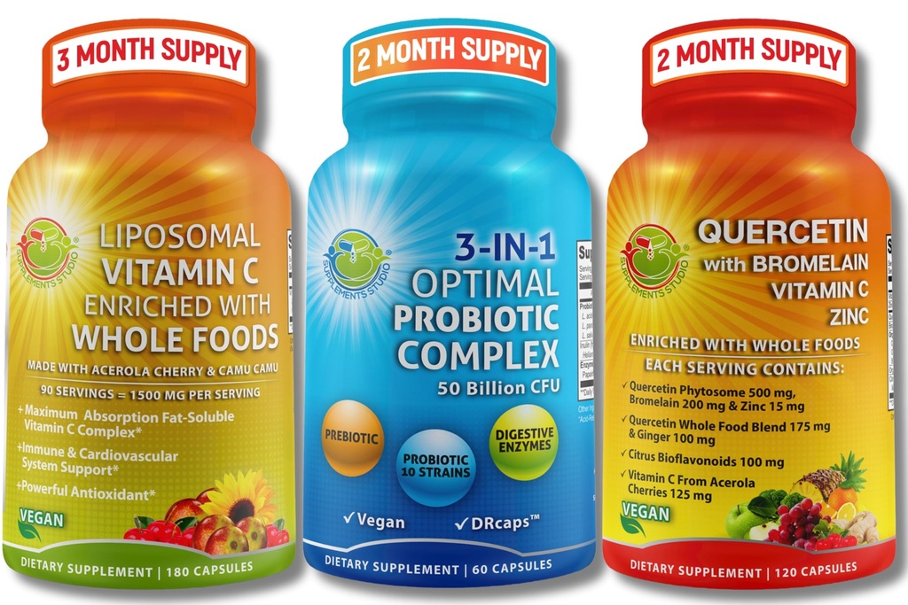 Immuno & Gut Health Bundle - 3- in-1 Probiotisk med enzymer & Prebiotic + Quercetin med bromelain, zink, C-vitamin & økologiske hele fødevarer + Liposomal Vitamin C 1500mg med Organic Acerola & Camu Camu