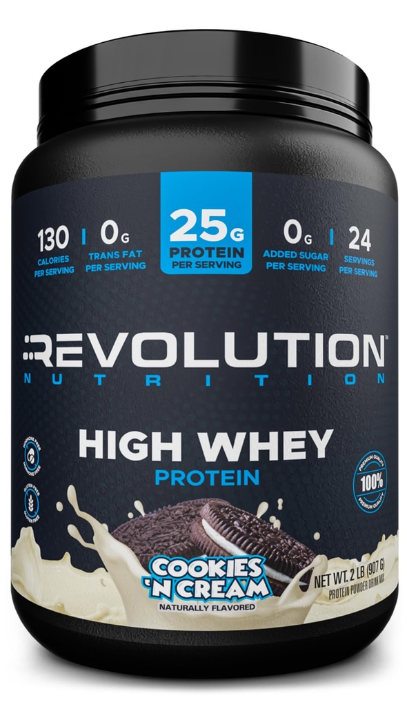 Revolution Nutrition, High Whey, Protein Powder 2LB, Whey Isolate, Gluten Free, Lean Muscle Mass for Mænd & Kvinder, 25g Protein Per Scoop, 908 g, 24 Servere (Cookies & Cream, 2 Pund)