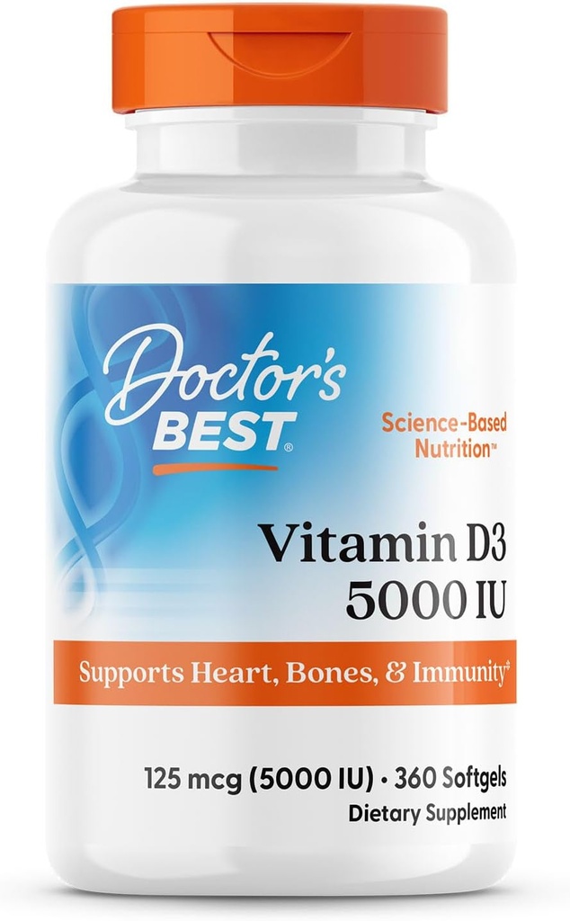 Doctor 's Best Vitamin D3 5.000 IE for sunde knogler, tænder, hjerte og immunforsvar, non-GMO, gluten- fri, soja fri, 360 greve (pakke med 1)