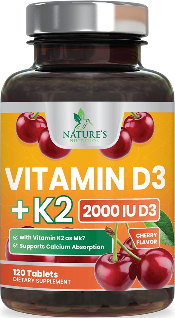 D3- vitamin K2 2000 IE Plus med K2 (MK- 7) 75 mcg - Vitaminer D & K Complex supplement for ben, tænder, muskler, Calcium Absorption, understøtter immun- og hjertesundhed, ikke- GMO tyggetabletter - 120 tabletter
