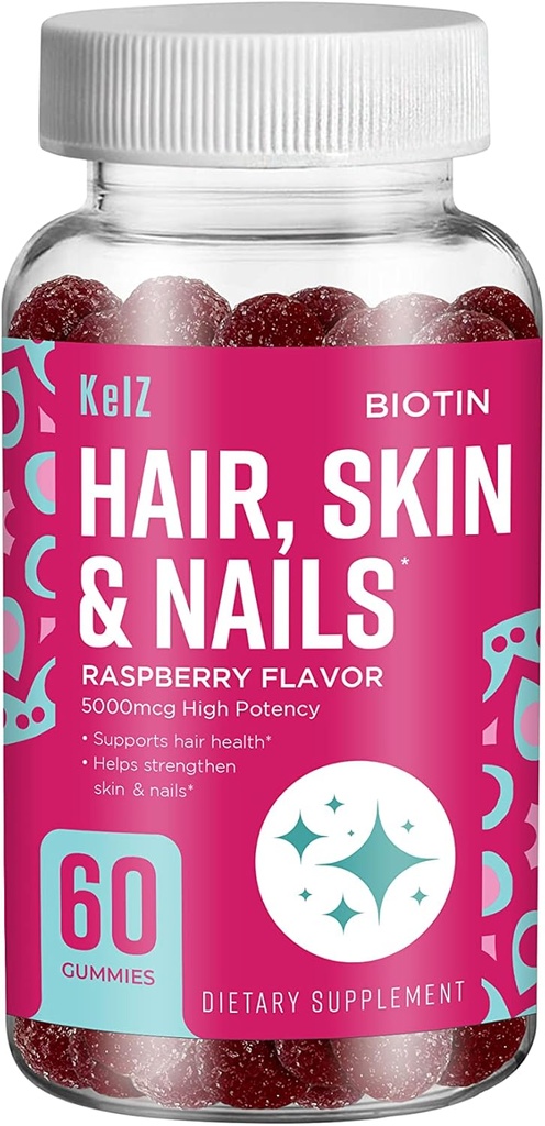 KelZ Biotin Hår, Hud & negle Supplement Gummies, Raspberry Flavor, 60 greve (pakke med 1)