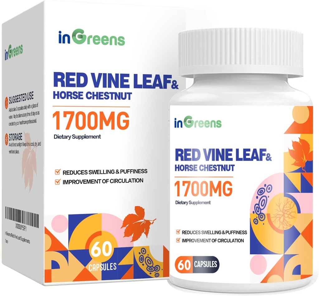 Red Vine Leaf Extract 1700mg & Horse Chestnut Extract Kosttilskud, Understøtter Vein, Hud Sundhed, Cirkulation for Legs Budd1Pack