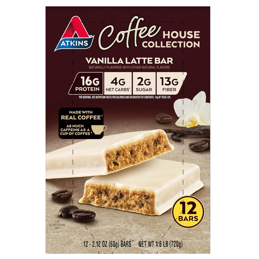 Atkins Coffee House Collection Vanilla Latte Bar, 16g Protein, 2g Sukker, 4g Net Carbs, 13g Fiber, 12 Greve