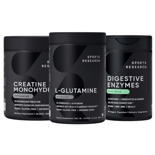 Sportsforskning L- Glutamin (100 Servere), Creatine Monohydrat (60 Servere) og fordøjelsesenzymer med Probiotika & Ginger (90 Servere) - Alle non-GMO verificeret, Vegan & Gluten fri