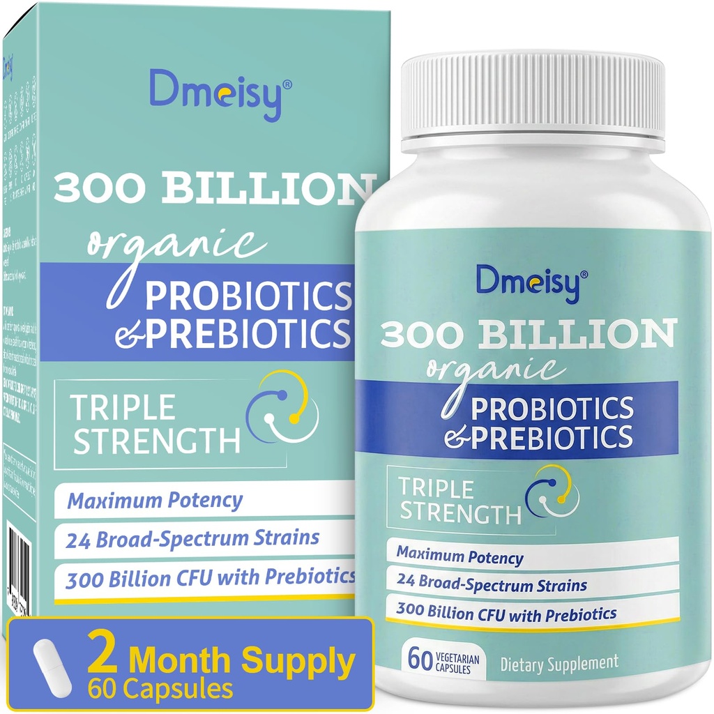 Probiotics for Women and Men, 300 Billion CFU 24 Strains Probiotics + 15 Organic Herbs Prebiotics Blend, Shelf Stable Gut Health Supplement for Digestive Immune & Whole-Body Health, 2 Month Supply
