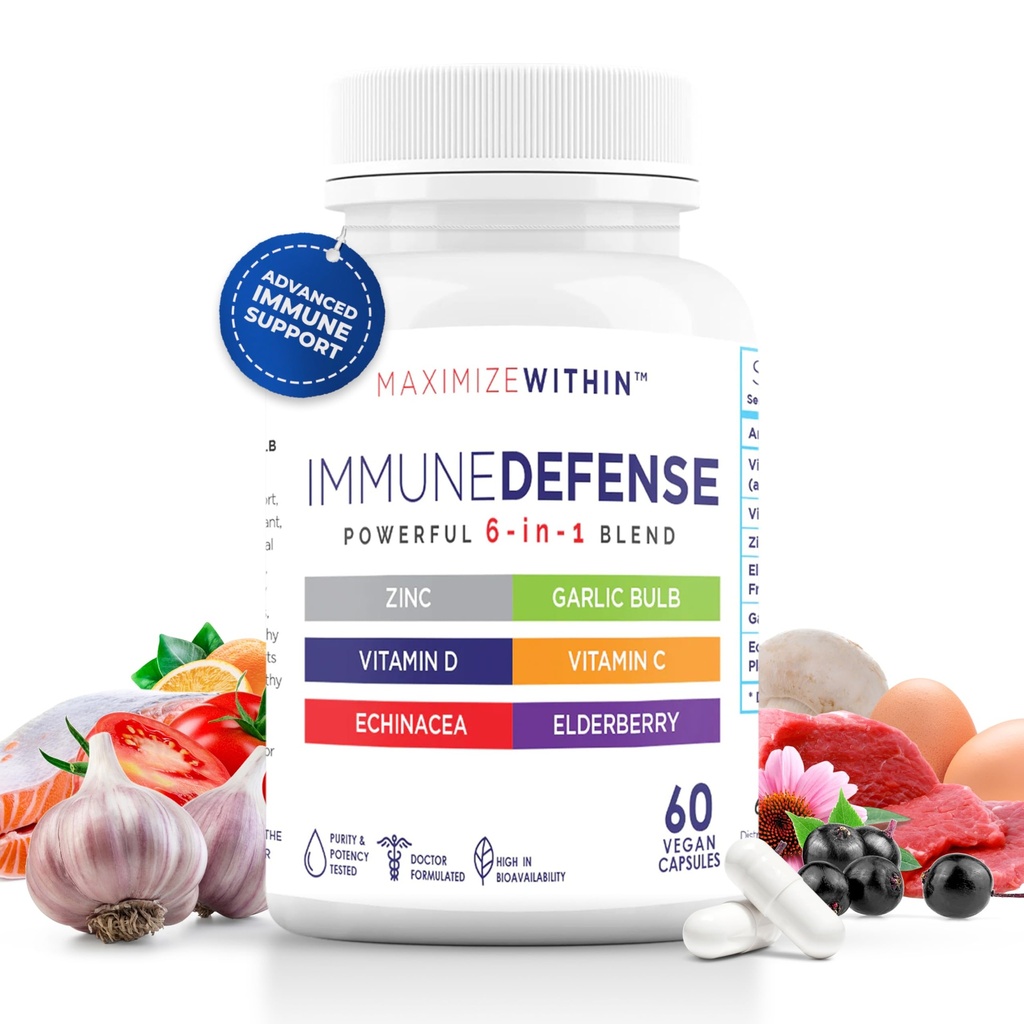 Maksimal Slim kraftfuld 6-in-1 immunstøtte supplement med zink, C-vitamin, Elderberry, D-vitamin, Echinacea, & hvidløg, 60 Greve