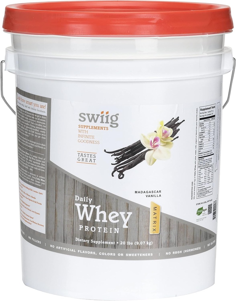swiig Premium Daily Whey Matrix, Vanilla 20lb – 20g Protein per Serving with Amino Acids for Muscle Recovery – Gluten-Free, Non-GMO, No Fillers, No Artificial Flavors