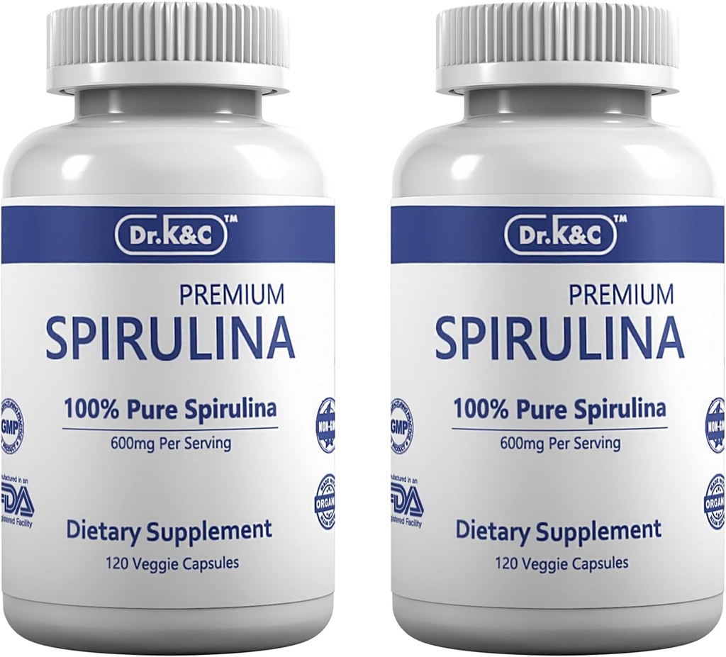 Dr.K & C Organic Spirulina Superfood Supplement - Pure Natural Blue Green Mikroalger 600 mg 240 Veggie Capsules Health Immunsystem Antioxidants Protein Fiber No Filler Non GMO Vegan 2pk