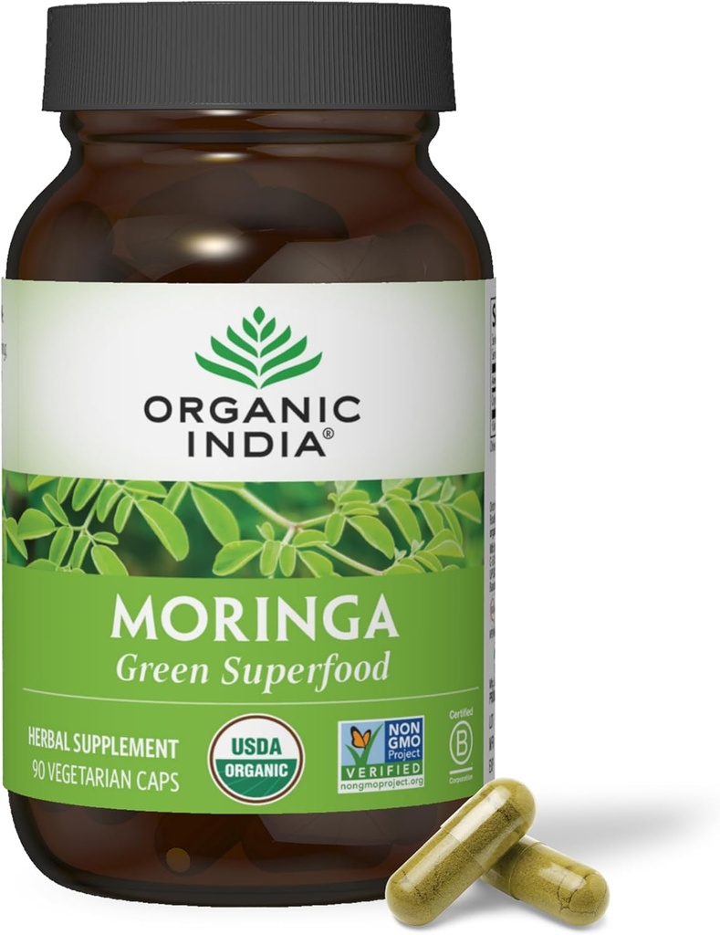 ORGANISKE INDIA Moringa Kapsler Organic - Moringa Supplement - Green Superfood, Moringa Leaf Kapsler, Pure Supergreen, Vegan Green, Nature 's Multivitamin, Vegan, Gluten- Free - 90 Kapsler