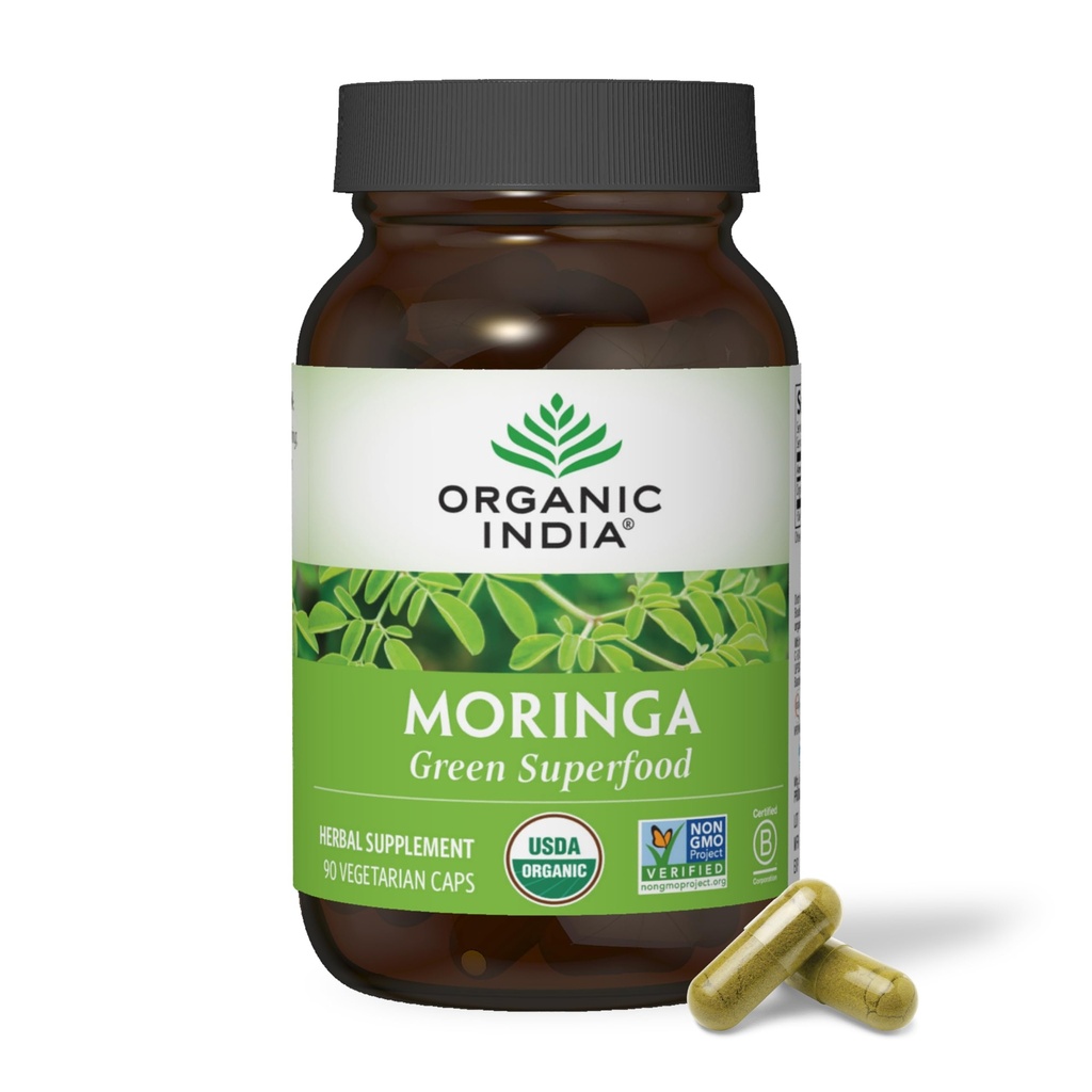 ORGANISKE INDIA Moringa Kapsler Organic - Moringa Supplement - Green Superfood, Moringa Leaf Kapsler, Pure Supergreen, Vegan Green, Nature 's Multivitamin, Vegan, Gluten- Free - 90 Kapsler