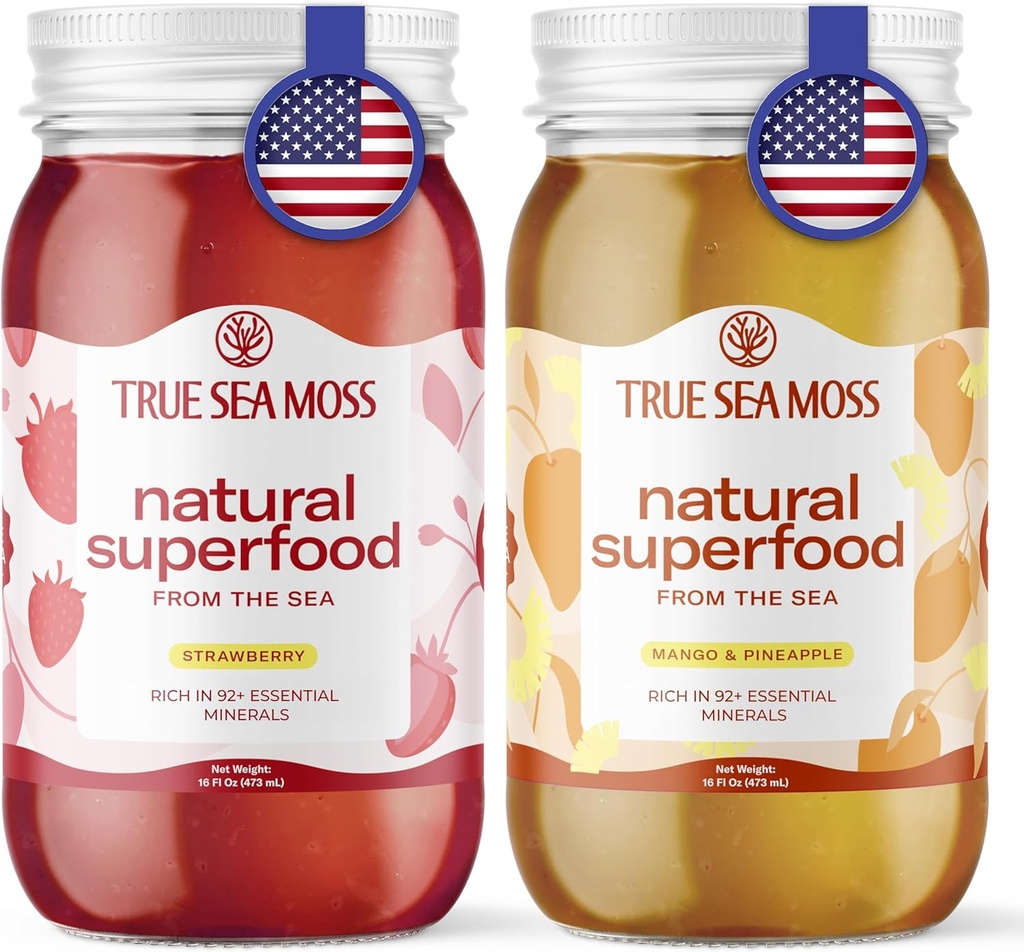 TrueSeaMoss Fremstillede Irske Hav Moss Gel Mango og Strawberry Bundle Organic Raw Seamoss Rich in Minerals, Proteins & Vitamin